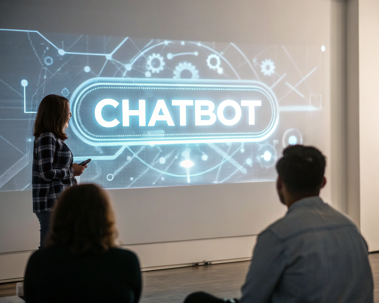 Chatbot holográfico mostrando respuestas en tiempo real en un entorno digital moderno y minimalista