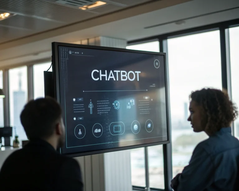 Interfaz de chatbot futurista en una pantalla digital, con burbujas de texto mostrando respuestas empáticas y íconos de emociones en un entorno moderno.