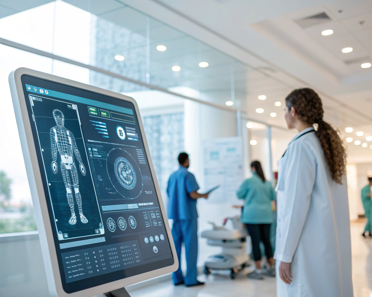 Interfaz holográfica 3D de un chatbot médico en una pantalla digital dentro de un hospital moderno, con un diseño detallado y tecnología avanzada.
