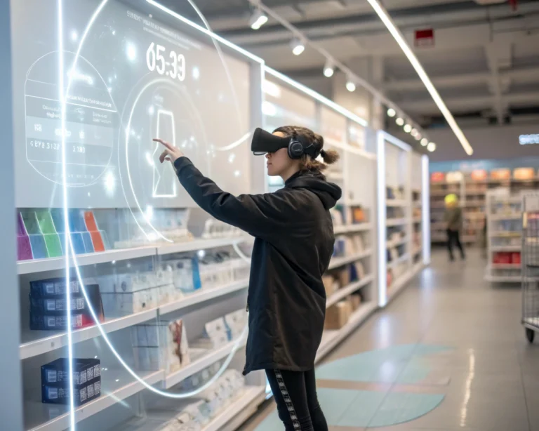 Persona con casco de realidad virtual participando en una experiencia de compra en línea, rodeado por un entorno digital con productos futuristas, iluminado por una suave luz difusa.