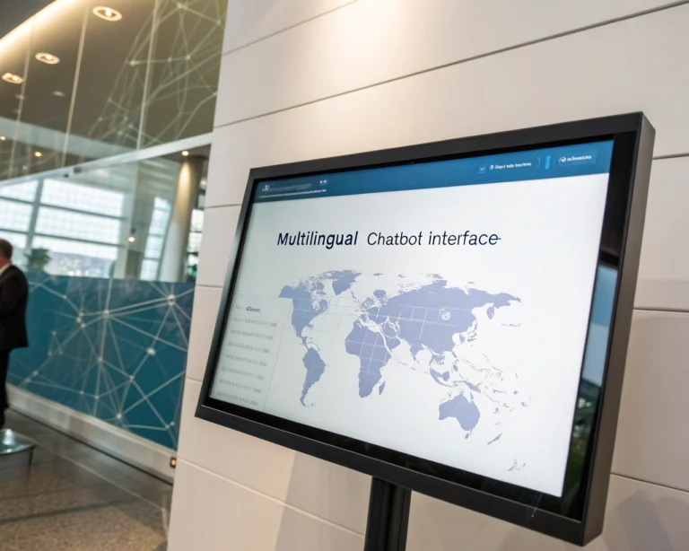 Interfaz de chatbot multilingüe en una pantalla digital presentando opciones de idioma y un saludo, con fondo de un mapa mundial y líneas de red digital.