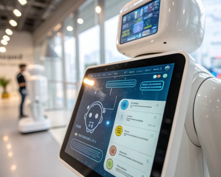 Interfaz de chatbot futurista en pantalla digital con gráficos dinámicos y colores vibrantes, resaltando la interacción avanzada entre humanos y máquinas.