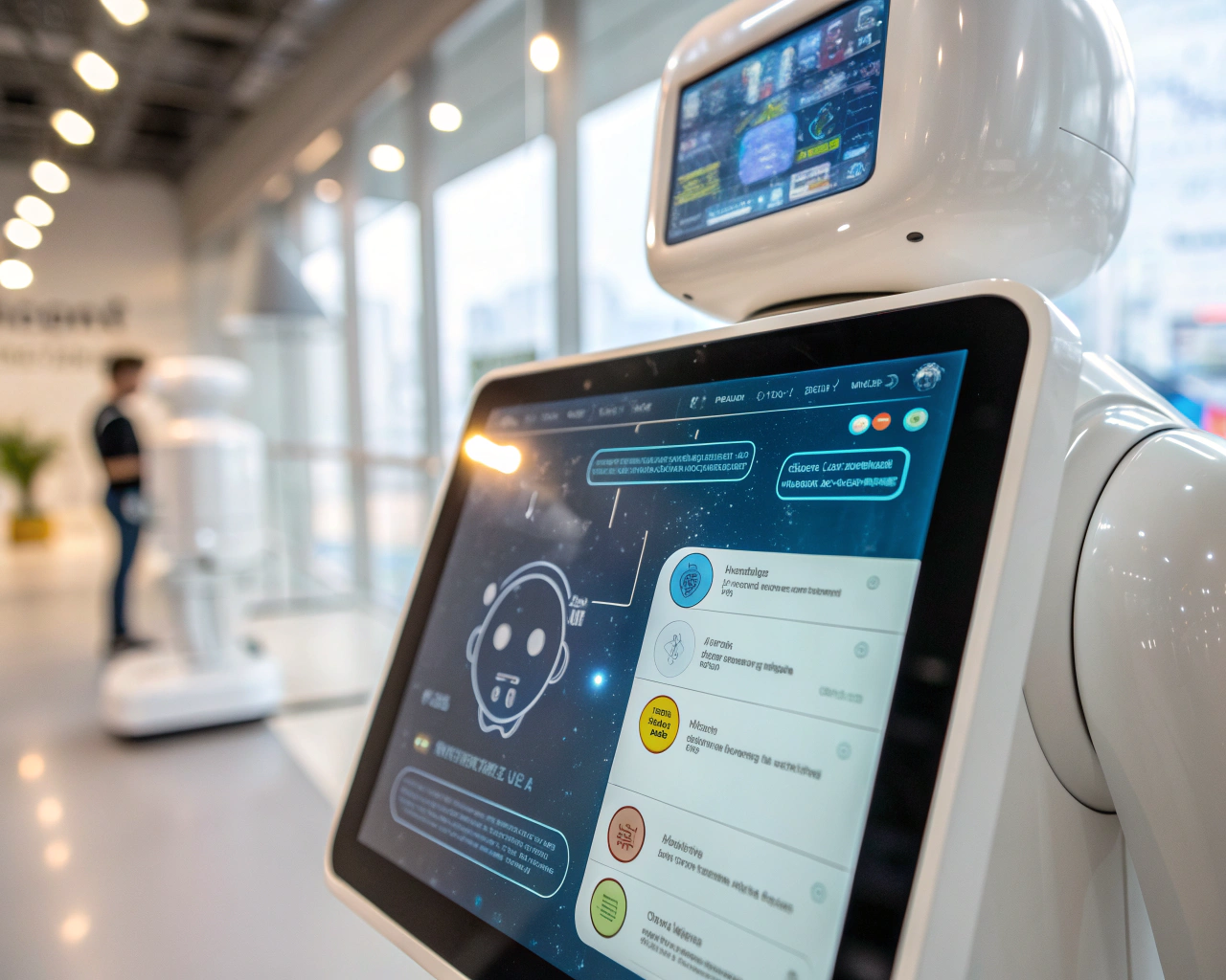 Interfaz de chatbot futurista en pantalla digital con gráficos dinámicos y colores vibrantes, resaltando la interacción avanzada entre humanos y máquinas.