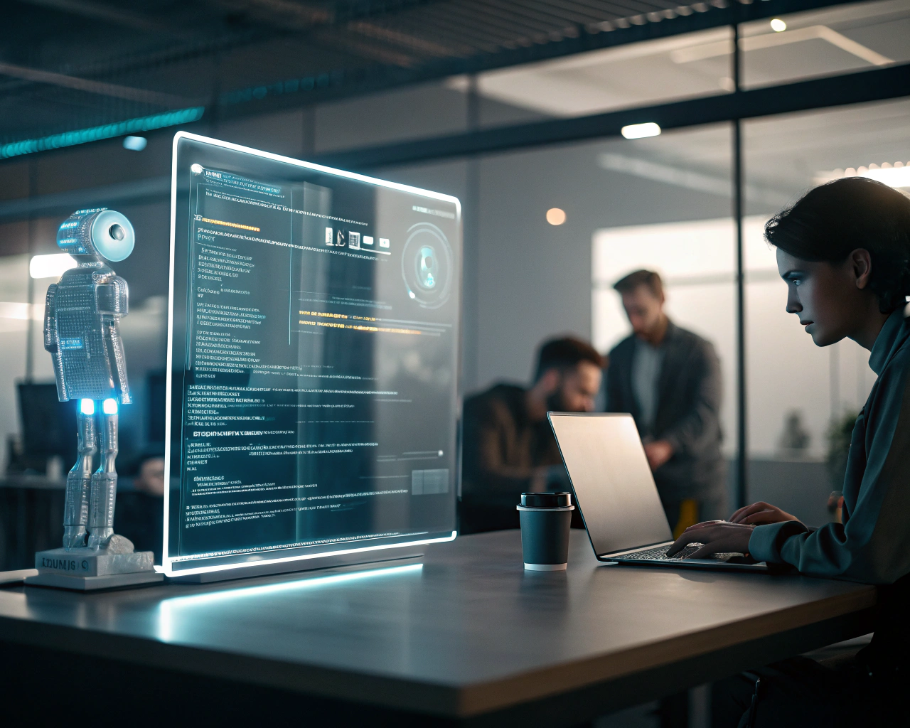 Interfaz futurista de chatbot en una pantalla digital semi-transparente en un moderno entorno de oficina.