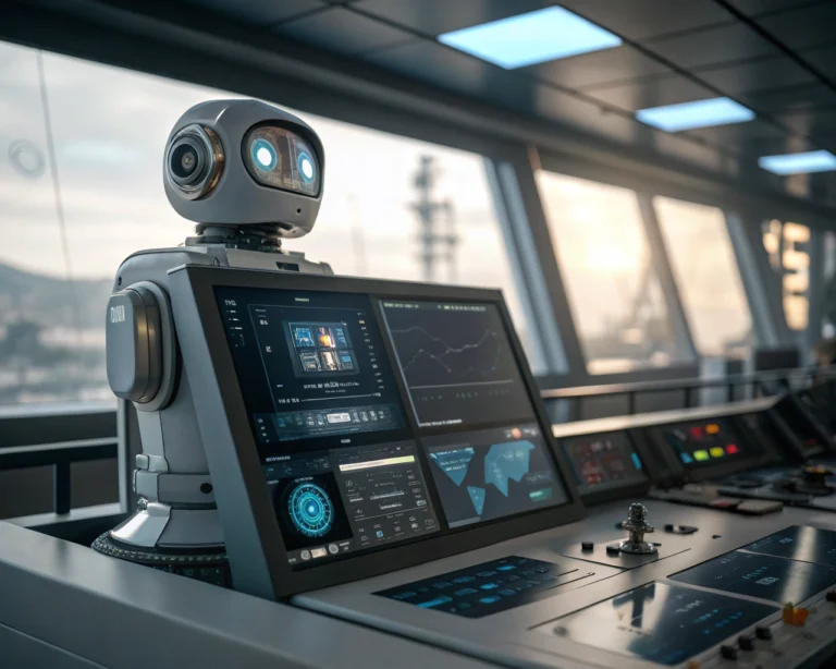 Interfaz digital de un chatbot en un entorno futurista, con pantallas de datos energéticos y gráficos en un control room moderno.