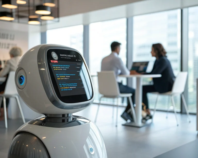 Dispositivo de chatbot futurista en una oficina moderna, con pantalla digital que muestra mensajes de chat y muebles minimalistas alrededor.