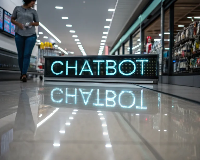 Interfaz de chatbot futurista en una tienda en línea minimalista, con texto digital brillante y fondo iluminado, enfatizando la tecnología y la comunicación eficiente.