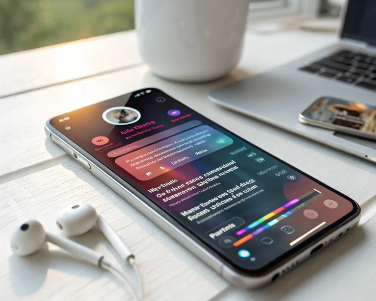 Interfaz de un chatbot de música digital en un smartphone, con mensajes vibrantes y botones interactivos en un espacio de trabajo moderno y minimalista.