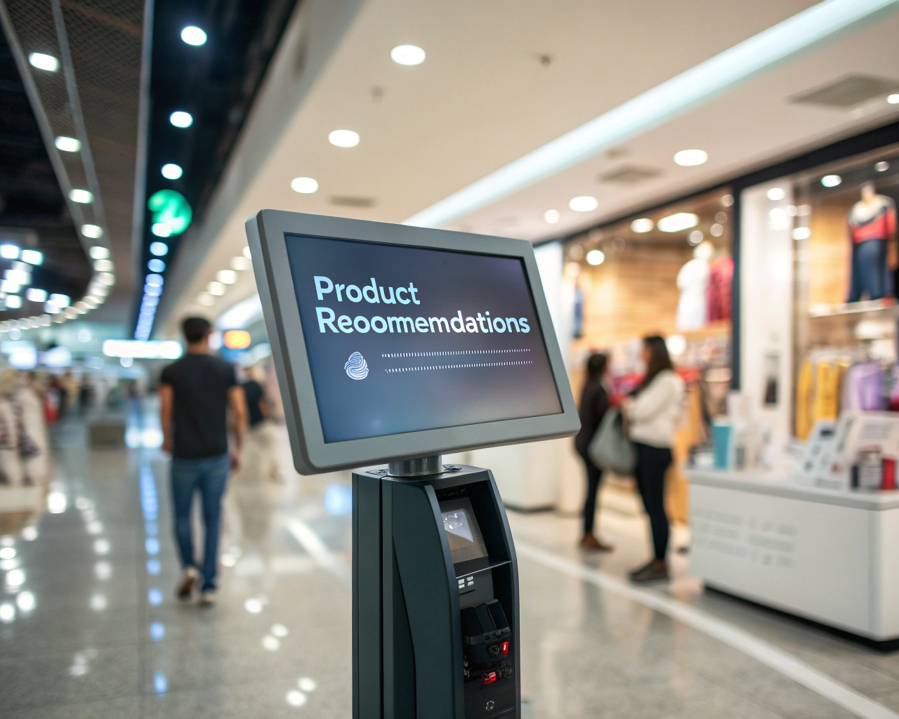 Interfaz de chatbot futurista en una pantalla digital con recomendaciones de productos en un entorno de compras difuso.