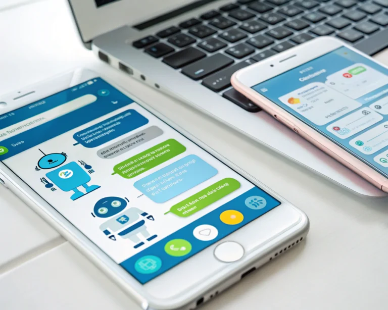 Interfaz de un chatbot mostrando interacciones en una aplicación de mensajería, un pop-up en un sitio web y una aplicación móvil, con un diseño colorido y organizado de manera simétrica.