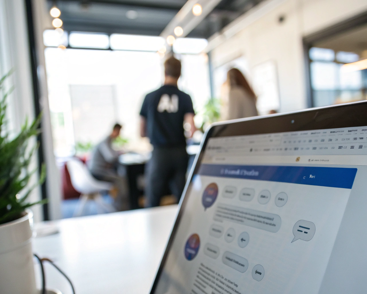 Interfaz de un chatbot en la pantalla de una computadora en un entorno de oficina moderna, mostrando conversación con burbujas de texto en un ambiente iluminado por luz natural.