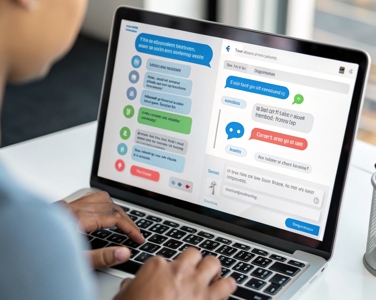 Interfaz de chatbot inteligente interactuando con un usuario, mostrando sugerencias personalizadas en un entorno de trabajo digital moderno.