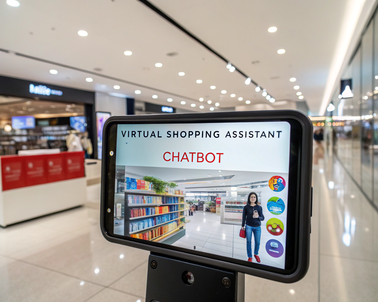 Asistente de compras virtual en la pantalla de un smartphone en un entorno de venta moderna, con íconos vibrantes y texto en una interfaz digital, simbolizando una experiencia de usuario interactiva.
