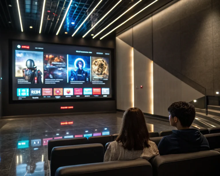 Interfaz de chatbot futurista en una pantalla digital en un vestíbulo de cine moderno, con iconos vibrantes de opciones de películas.