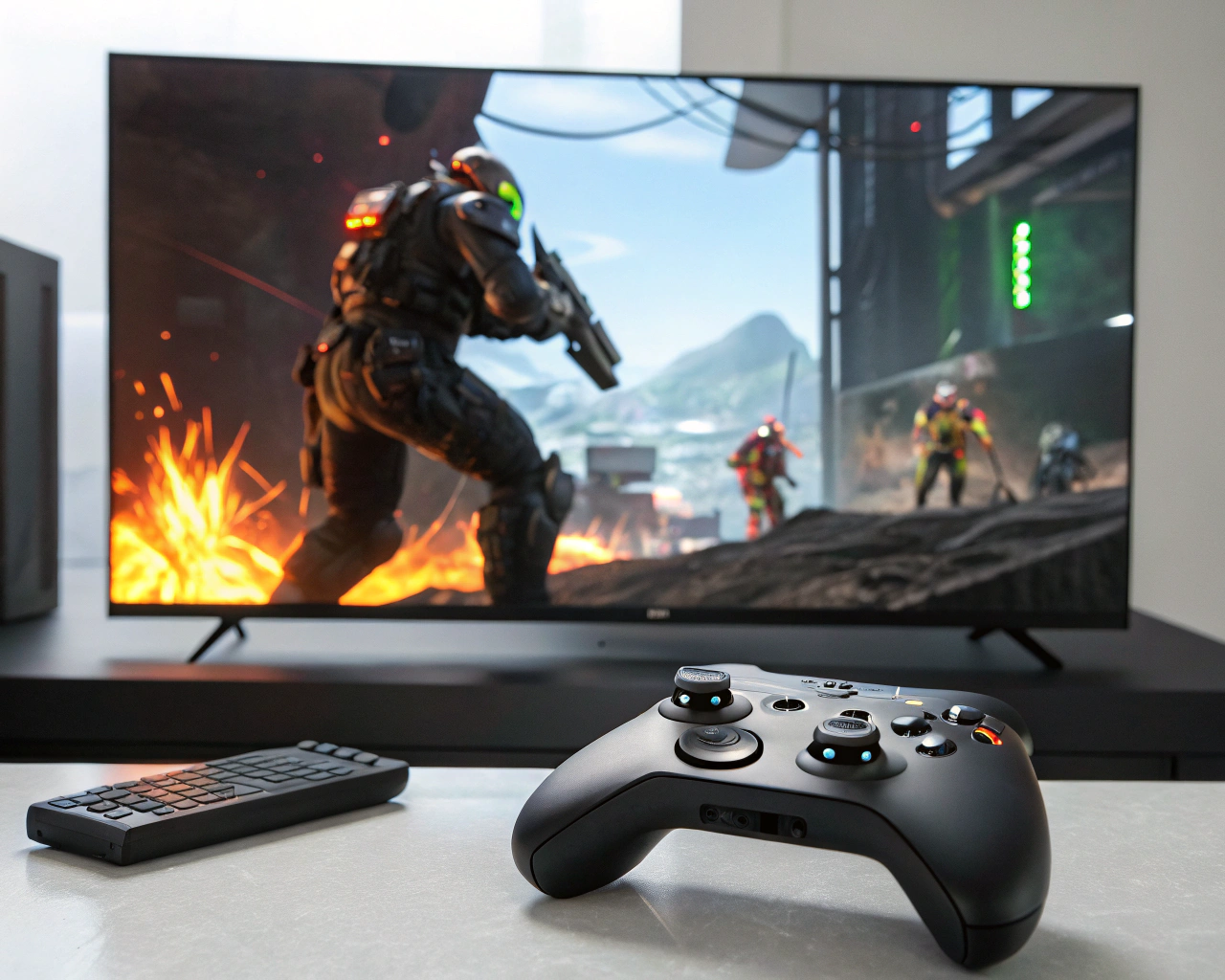 Interfaz de chatbot de juegos futurista en una consola o visor de realidad virtual, con elementos holográficos vibrantes y colores vivos, que destaca la interacción intuitiva del usuario en un entorno digital expansivo.