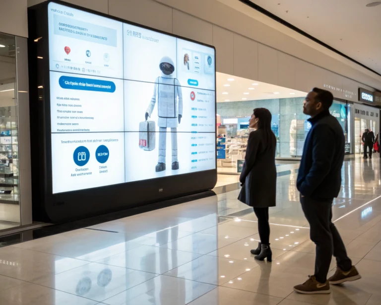 Interfaz de chatbot futurista en una pantalla de tienda, mostrando recomendaciones de productos en un ambiente moderno.