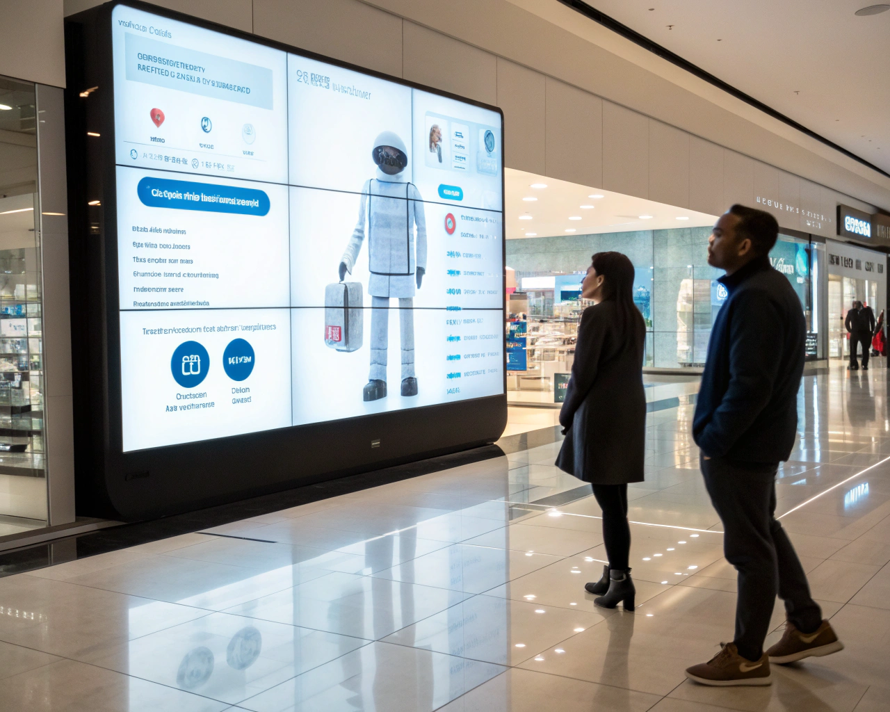 Interfaz de chatbot futurista en una pantalla de tienda, mostrando recomendaciones de productos en un ambiente moderno.