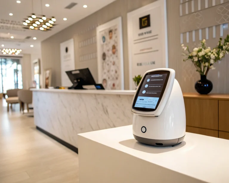 Dispositivo chatbot moderno en una recepción de salón de belleza, mostrando opciones de servicio en una interfaz digital, con iluminación suave y decoración minimalista.