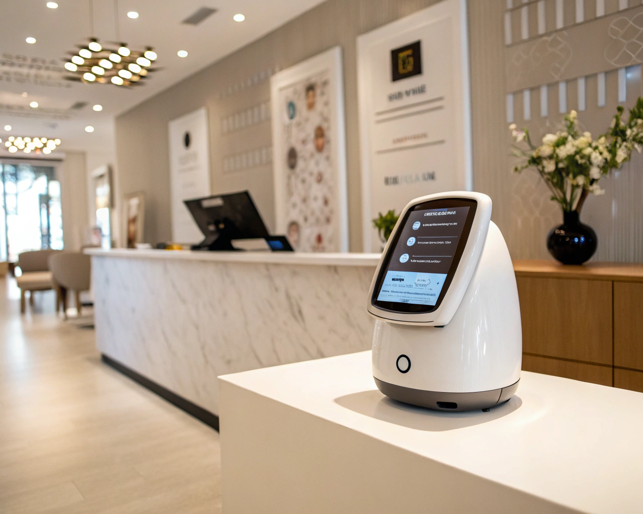 Dispositivo chatbot moderno en una recepción de salón de belleza, mostrando opciones de servicio en una interfaz digital, con iluminación suave y decoración minimalista.