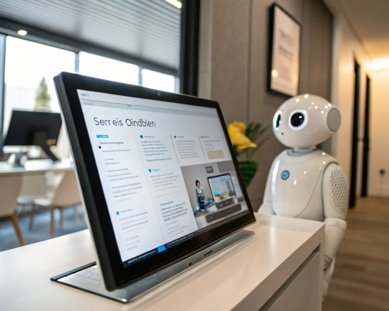 Interfaz de chatbot futurista en una pantalla digital elegante en un entorno de oficina moderno, con un diseño minimalista y texto conversacional fluido.