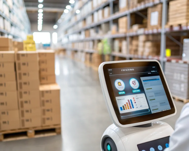 Interfaz futurista de chatbot en un dispositivo digital en un almacén de comercio electrónico, interactuando con un producto de consumo. El entorno presenta pilas de cajas y una iluminación suave, destacando el diseño moderno de la interfaz.