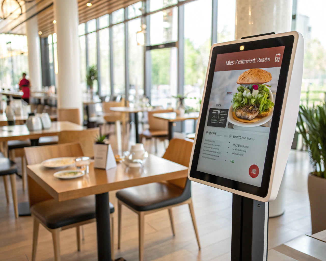 Interfaz de chatbot digital en una pantalla de un restaurante, enfocada en una conversación virtual que ayuda a un cliente con el menú en un entorno moderno y luminoso.