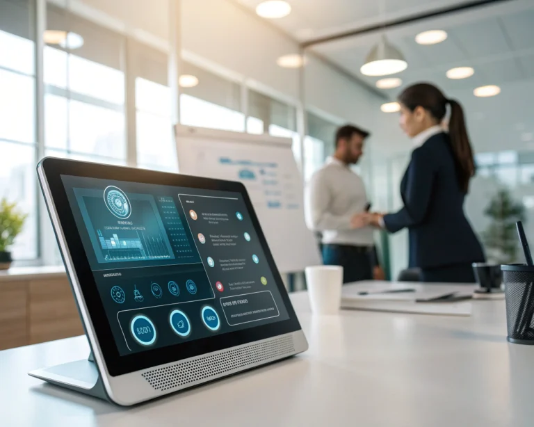 Interfaz de asistente virtual inteligente en una pantalla digital, mostrando elementos interactivos en un entorno de oficina moderno y minimalista con iluminación suave.