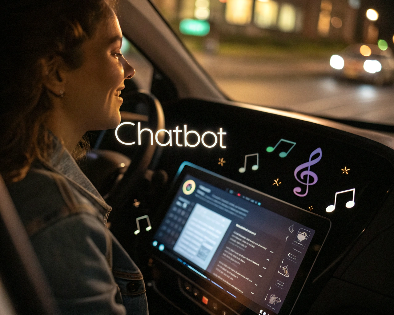 Interfaz de chatbot en una aplicación de streaming musical, con burbujas de texto y notas musicales en un entorno iluminado tenuemente.