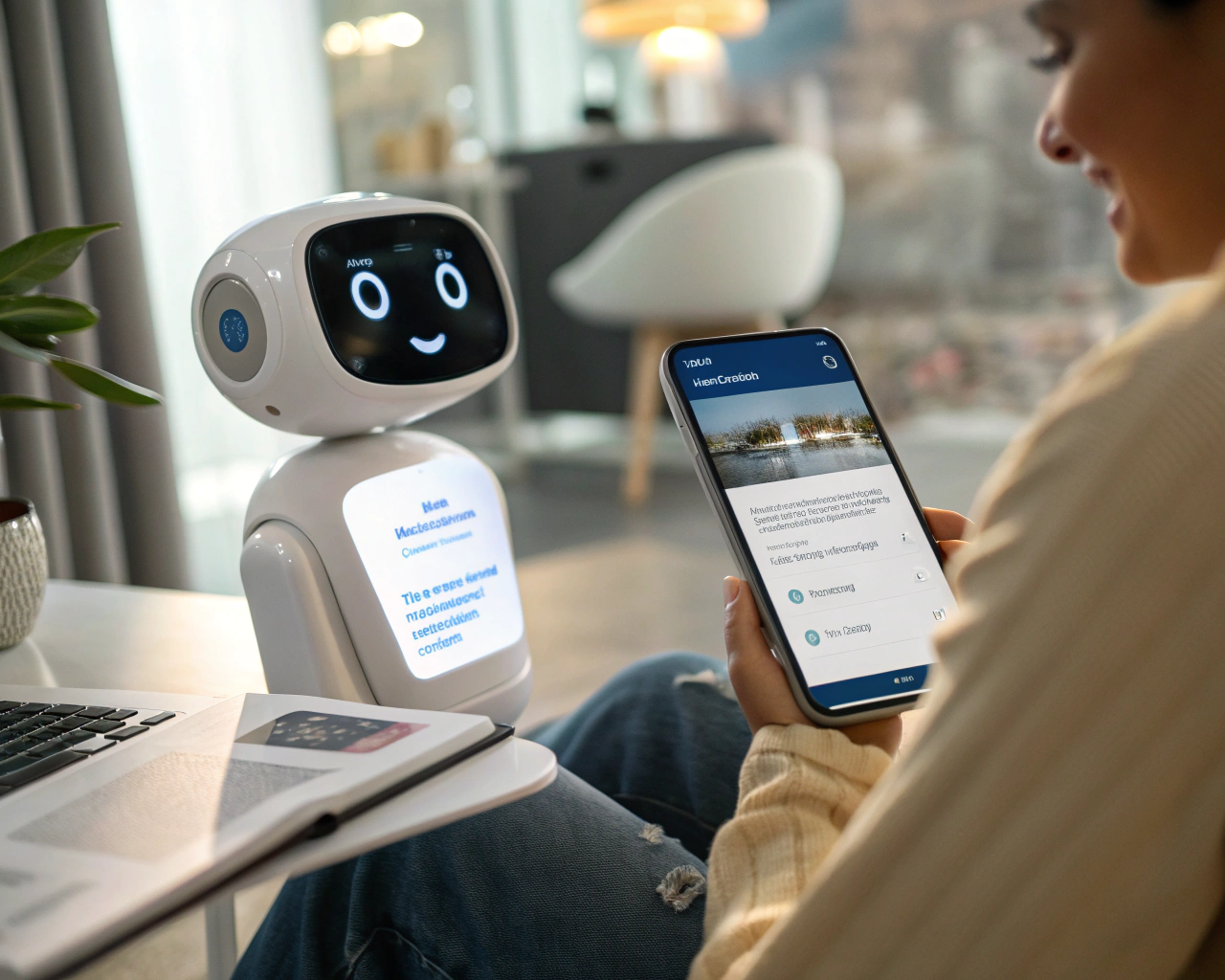 Interfaz de chatbot en un dispositivo móvil, destacando el diseño moderno y la interacción en tiempo real en un entorno digital interconectado.