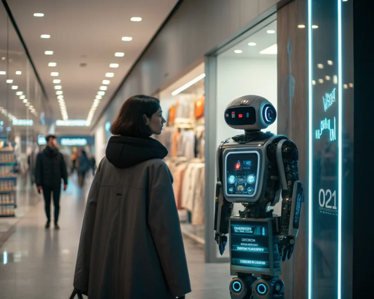 Interfaz de chatbot futurista en un entorno de compras virtual, con diseño luminoso y moderno que destaca sobre un fondo de tienda digital.