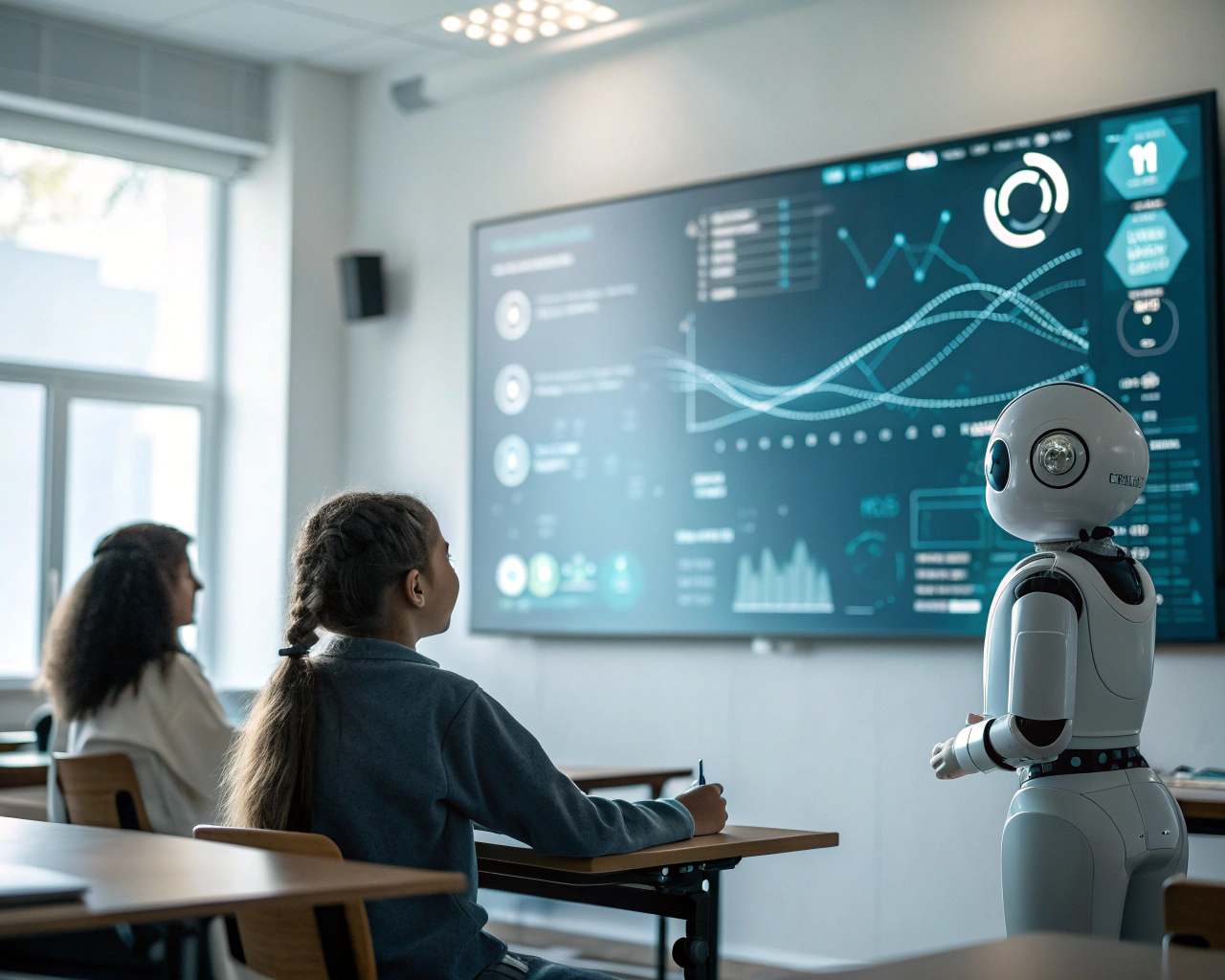 Interfaz de un chatbot educativo de IA en una pantalla digital iluminada en un aula moderna, mostrando íconos interactivos y flujos de datos en un entorno futurista.