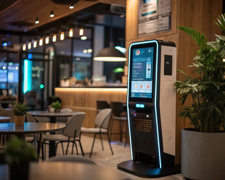 Quiosco digital futurista en un café moderno, con una pantalla que muestra un chatbot y un entorno desenfocado, en una atmósfera cálida y acogedora.