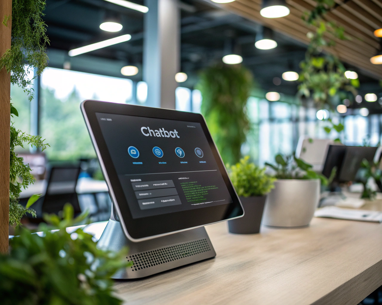 Interfaz de chatbot moderno en una oficina futurista, mostrando mensajes ecológicos y características interactivas, con vegetación de fondo y luz ambiental que crea un entorno relajante.
