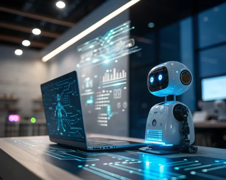 Chatbot futurista con apariencia holográfica en una interfaz digital en un entorno de comercio digital, rodeado de gráficos abstractos de datos y con iluminación avanzada.