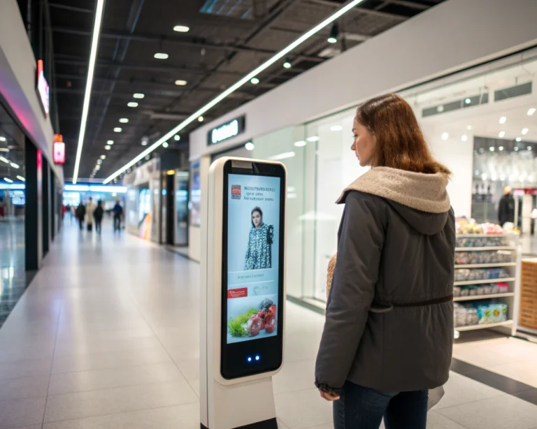 Interfaz de chatbot interactivo en un entorno minorista moderno, mostrando un asistente de compras personalizado en una pantalla digital iluminada en colores vibrantes.