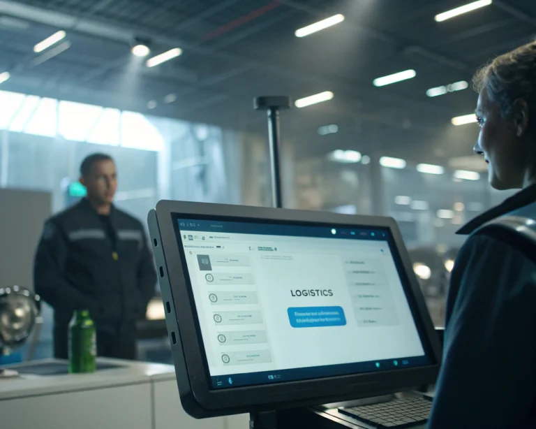 Interfaz de chatbot moderna en una pantalla, ubicada en una sala de control de logística futurista, resaltando la conversación digital en un entorno minimalista.