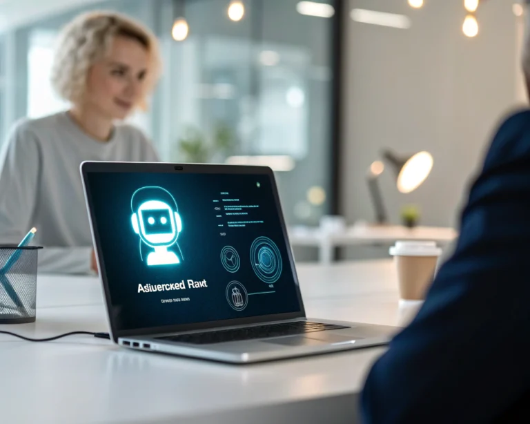 Interfaz de un chatbot avanzada en una pantalla digital en un entorno de oficina minimalista y acogedora.