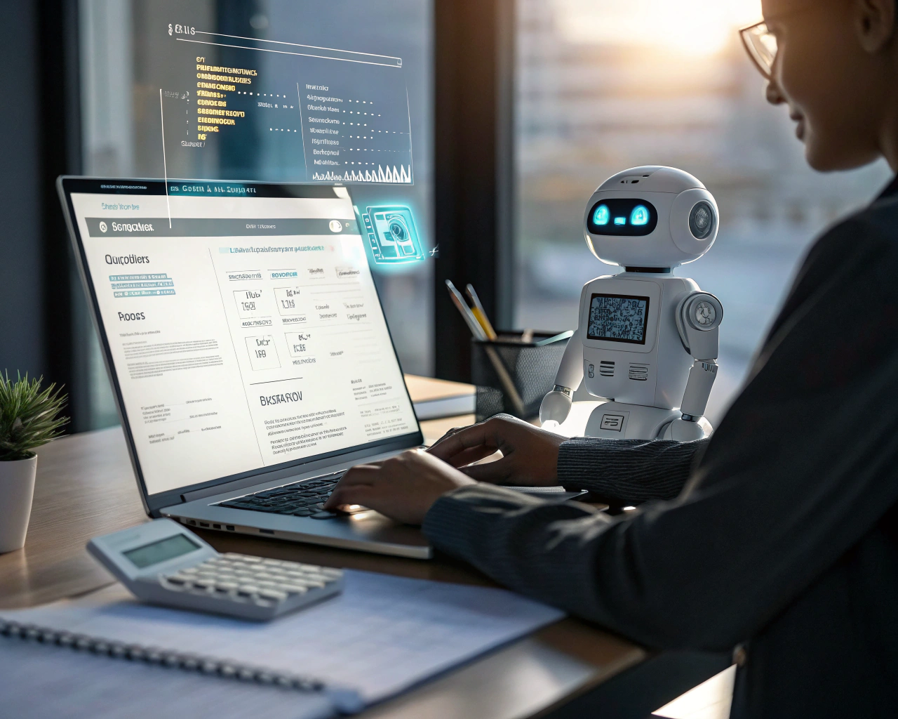 Chatbot inteligente en una interfaz virtual integrada con un sistema de facturación digital en un moderno espacio de trabajo, con datos financieros y facturas en la pantalla, todo bajo una iluminación nítida y tecnológica.