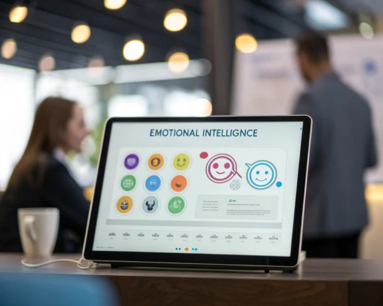 Interfaz de chatbot digital amistosa rodeada de íconos de inteligencia emocional en un ambiente moderno con un suave brillo difuso.