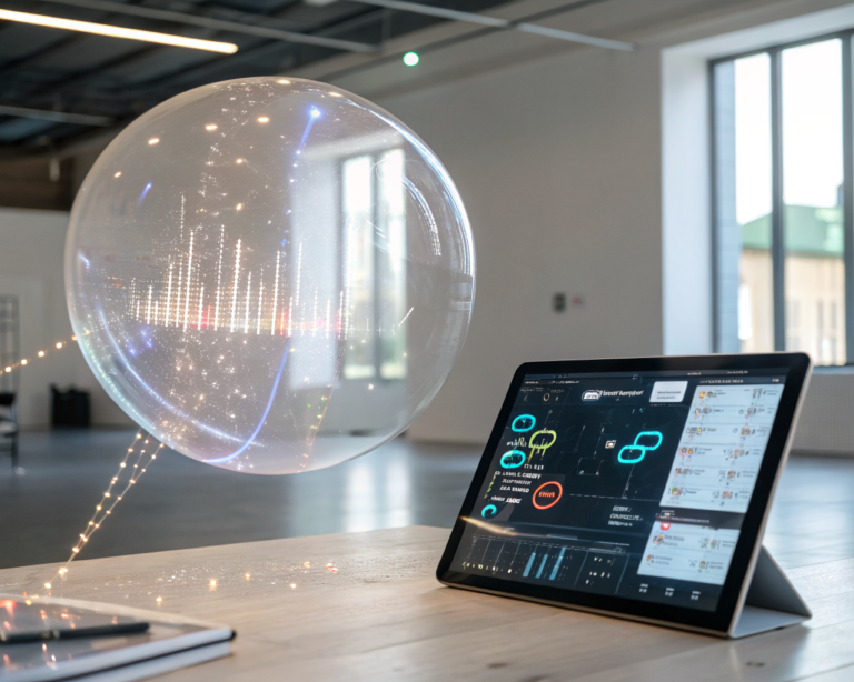 Burbuja de chatbot luminosa y translucida con fragmentos de mensajes, fluyendo datos ópticos hacia un panel de control holográfico en una tablet, en un entorno de oficina pequeño y desenfocado.