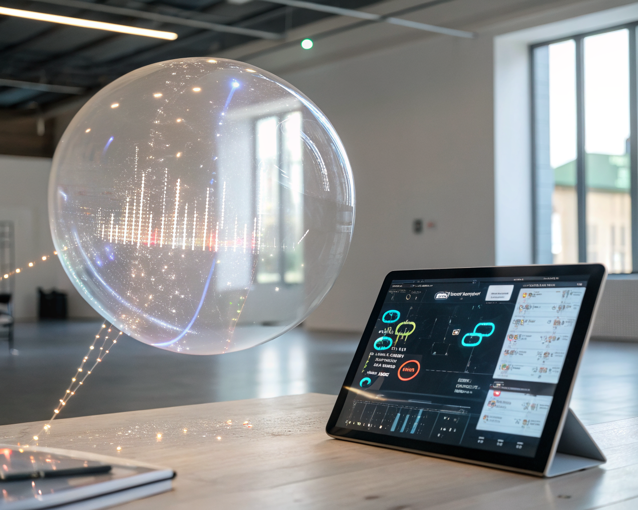 Burbuja de chatbot luminosa y translucida con fragmentos de mensajes, fluyendo datos ópticos hacia un panel de control holográfico en una tablet, en un entorno de oficina pequeño y desenfocado.