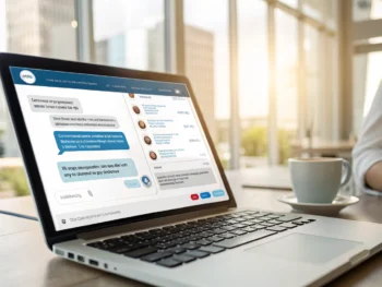 Interfaz de chatbot en pantalla de ordenador, con diálogos claros y respuestas automatizadas resaltadas, en un entorno de oficina iluminado de forma natural.