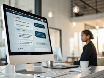 Interfaz moderna de un chatbot en una computadora en una oficina minimalista y elegante.