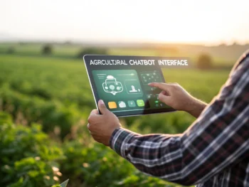 Un agricultor sostiene un dispositivo digital con una interfaz de chatbot agrícola avanzada en un campo verde durante el día. La pantalla muestra pronósticos del tiempo y recomendaciones de cultivos con gráficos vibrantes, resaltando la mezcla de tecnología y naturaleza.