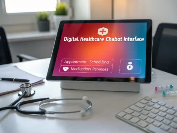 Interfaz de un chatbot de salud digital en una pantalla iluminada, mostrando funcionalidades de salud en un entorno moderno con herramientas médicas minimalistas.