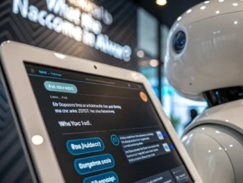 Interfaz moderna de chatbot sobre solicitudes de empleo con burbujas de texto no legibles y fondo digital futurista.