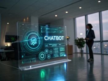 Interfaz de chatbot futurista en una pantalla transparente en un entorno de oficina moderno y minimalista, con texto brillante en colores azul y verde.