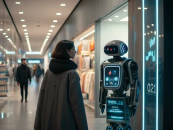 Interfaz de chatbot futurista en un entorno de compras virtual, con diseño luminoso y moderno que destaca sobre un fondo de tienda digital. {{brizy_dc_image_alt entityId=