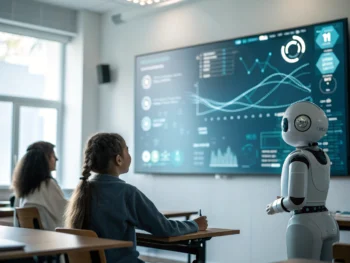 Interfaz de un chatbot educativo de IA en una pantalla digital iluminada en un aula moderna, mostrando íconos interactivos y flujos de datos en un entorno futurista. {{brizy_dc_image_alt entityId=