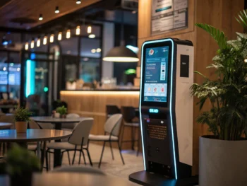 Quiosco digital futurista en un café moderno, con una pantalla que muestra un chatbot y un entorno desenfocado, en una atmósfera cálida y acogedora. {{brizy_dc_image_alt entityId=